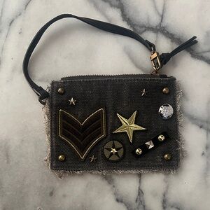 Steve Madden canvas clutch NY army gray strap purse